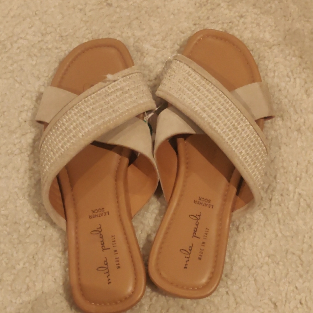 New!Mila Paoli Leather & Raffia Cross Strap Sandals Flip Flops Tan Summer Core